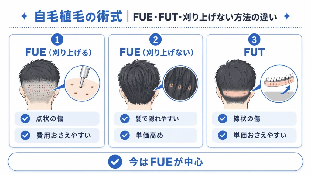 自毛植毛の術式｜FUE・FUT・刈り上げない方法の違い
