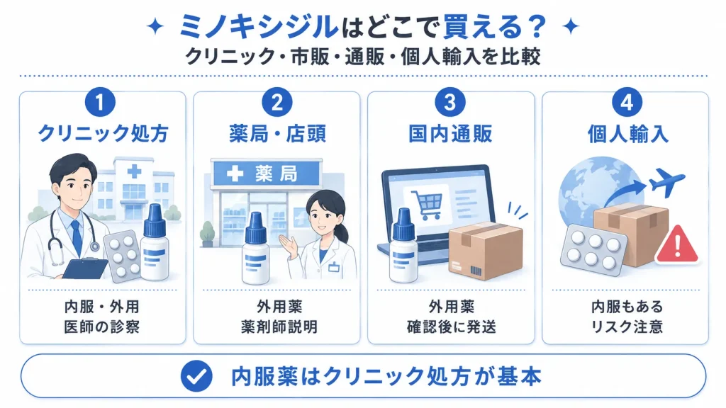 ミノキシジルはどこで買える？クリニック・市販・通販・個人輸入を比較