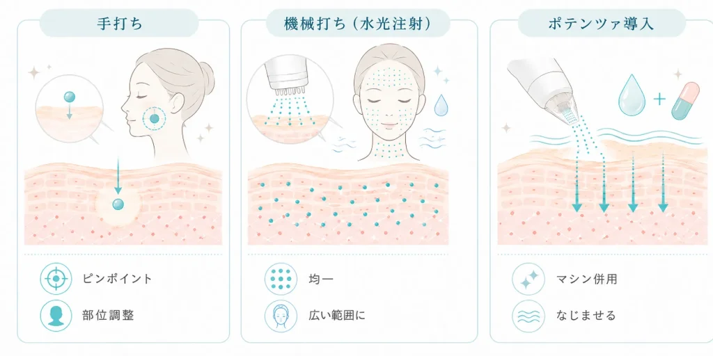 手打ち・機械打ち(水光注射)・ポテンツァ導入の違い